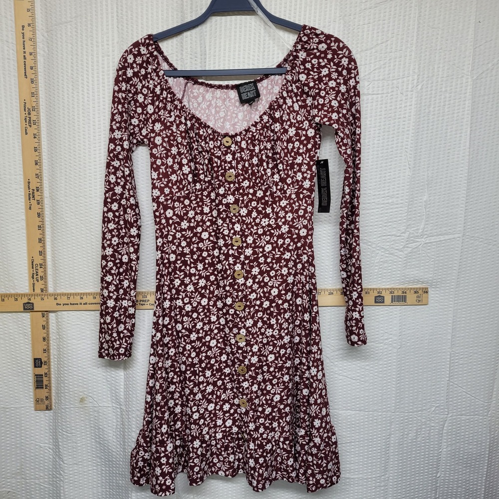 Derek Heart Burgundy Floral Button Front Long Sleeve Ruffle Mini Dress Small NWT
